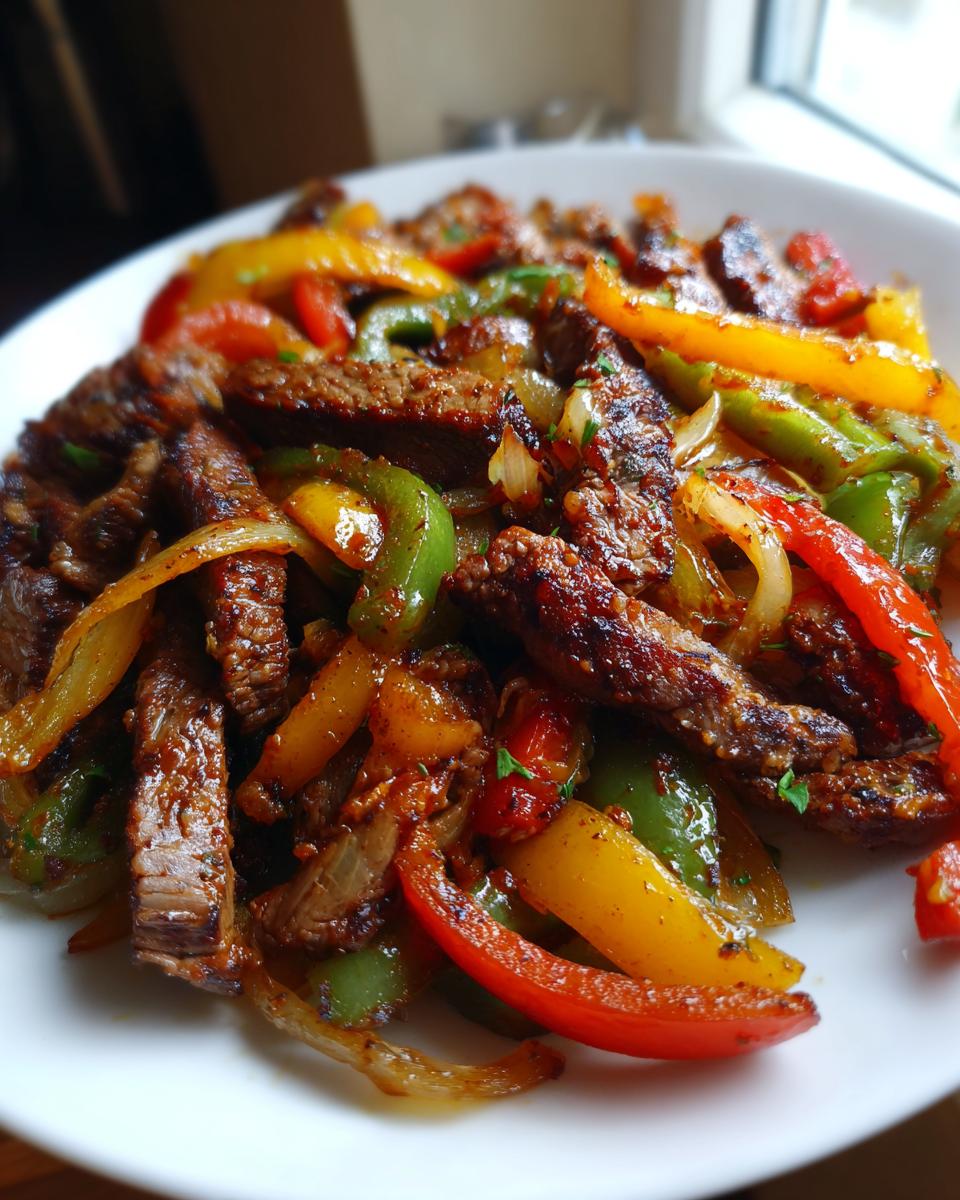 A close-up shot of perfectly cooked steak fajitas featuring seasoned steak strips mixed with vibrant red, yellow, and green bell peppers and onions.