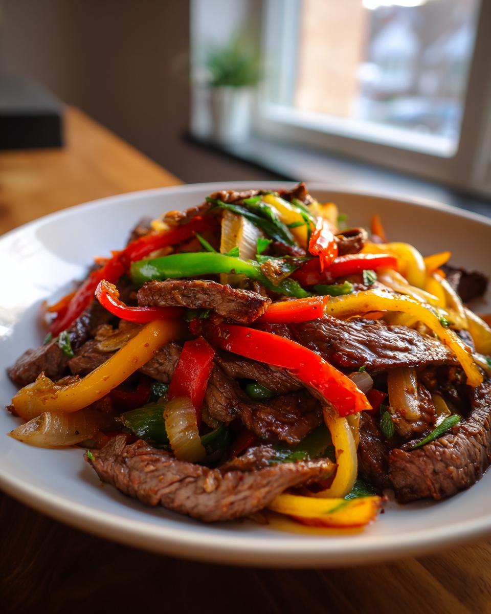 Close-up of sizzling steak fajitas with colorful bell peppers and onions served on a white plate.