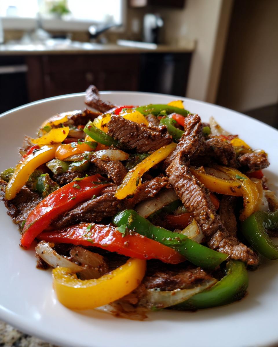 A close-up shot of perfectly cooked steak fajitas featuring strips of seasoned beef mixed with vibrant red, yellow, and green bell peppers and onions.