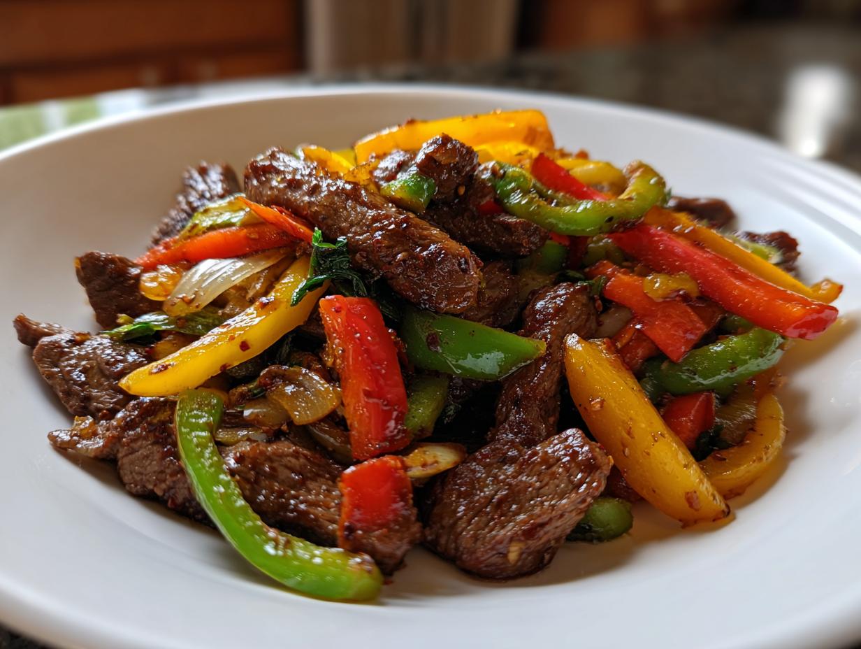 A white bowl filled with sizzling steak fajitas featuring strips of seasoned beef mixed with vibrant red, yellow, and green bell peppers.