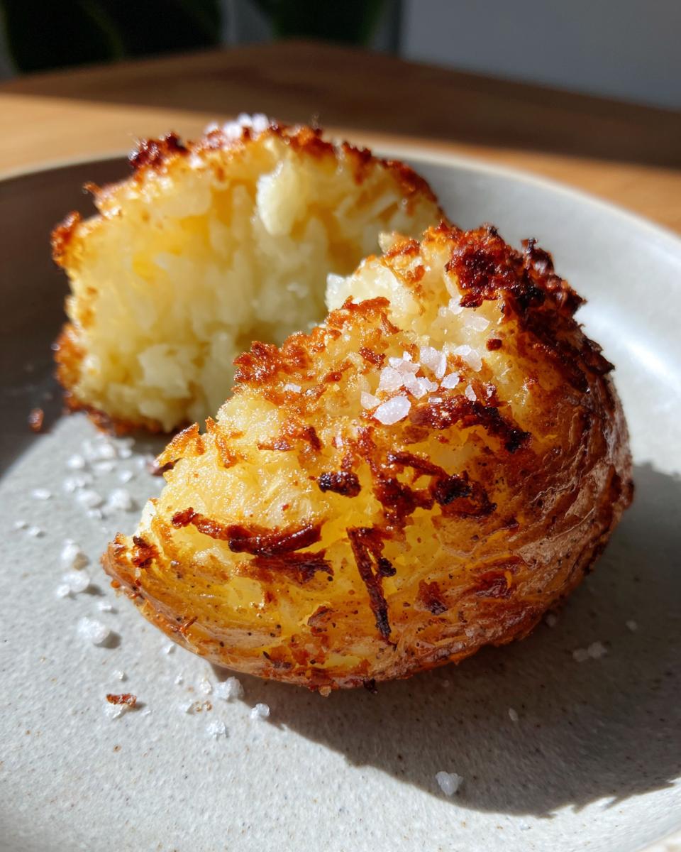 Close-up of a fluffy air fryer baked potato cut in half, showing crispy, seasoned skin topped with sea salt.