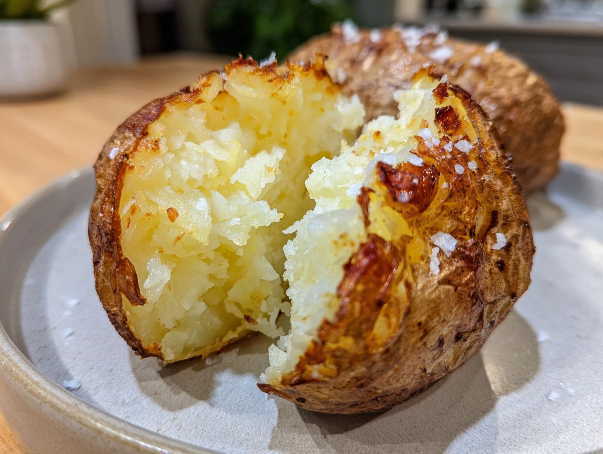 Close-up of a perfectly cooked air fryer baked potato, split open to show fluffy interior and flaky sea salt.