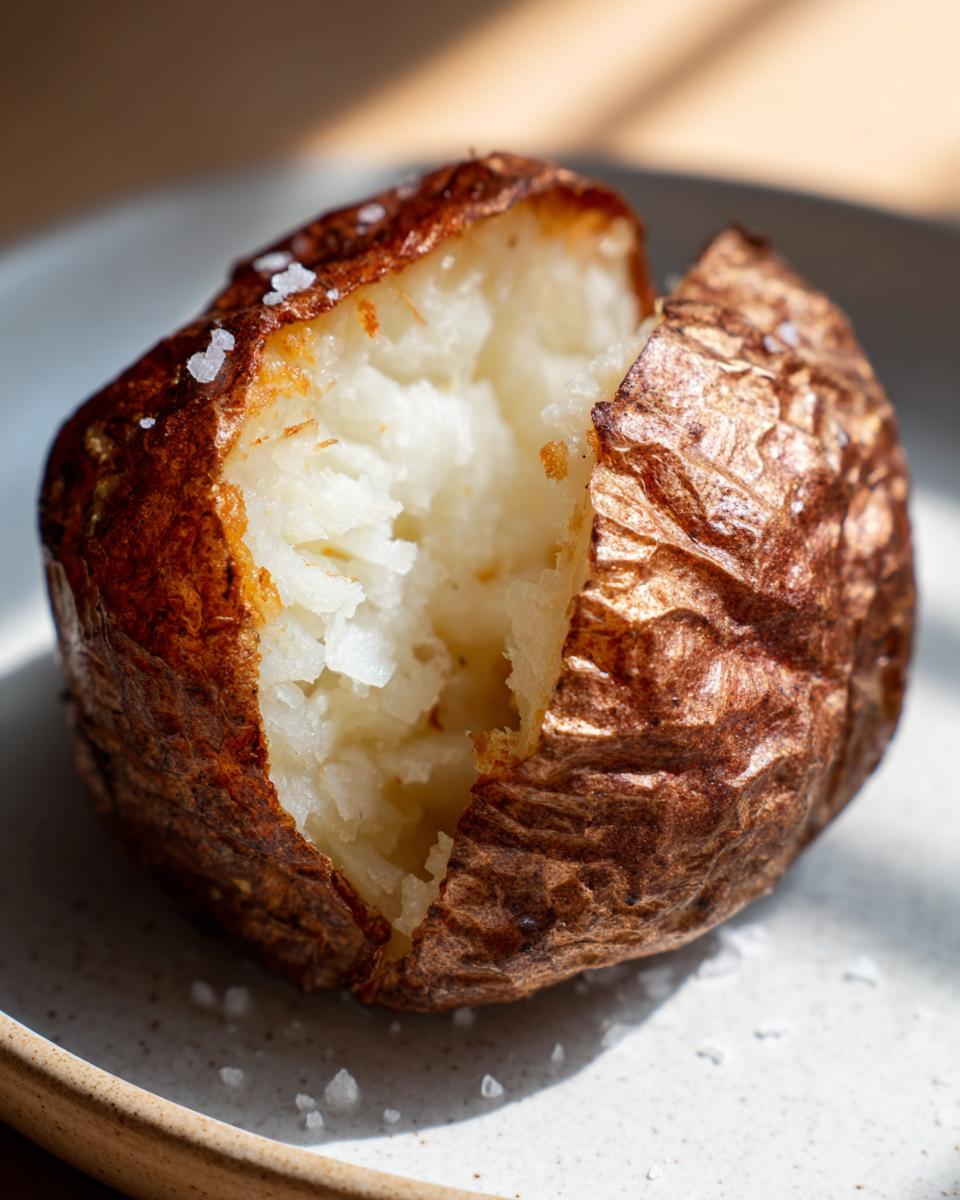Close-up of a perfectly cooked air fryer baked potato split open, revealing fluffy white interior and salted, crispy skin.