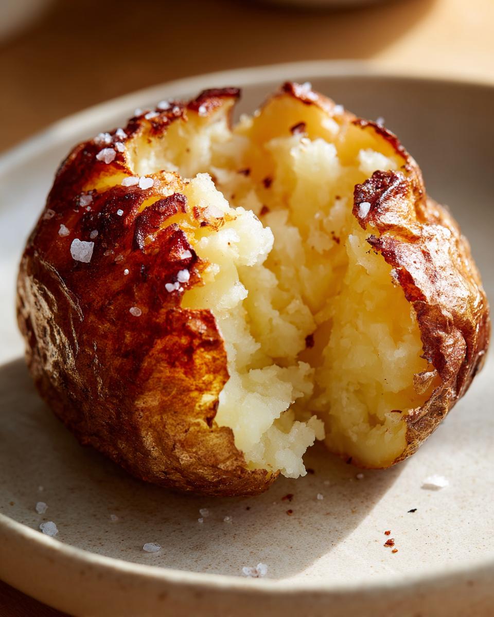 Close-up of a perfectly cooked air fryer baked potato, split open to show fluffy interior and crispy, salted skin.