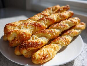 A pile of golden, twisted, cheesy breadsticks served on a white plate, highlighted by sunlight.