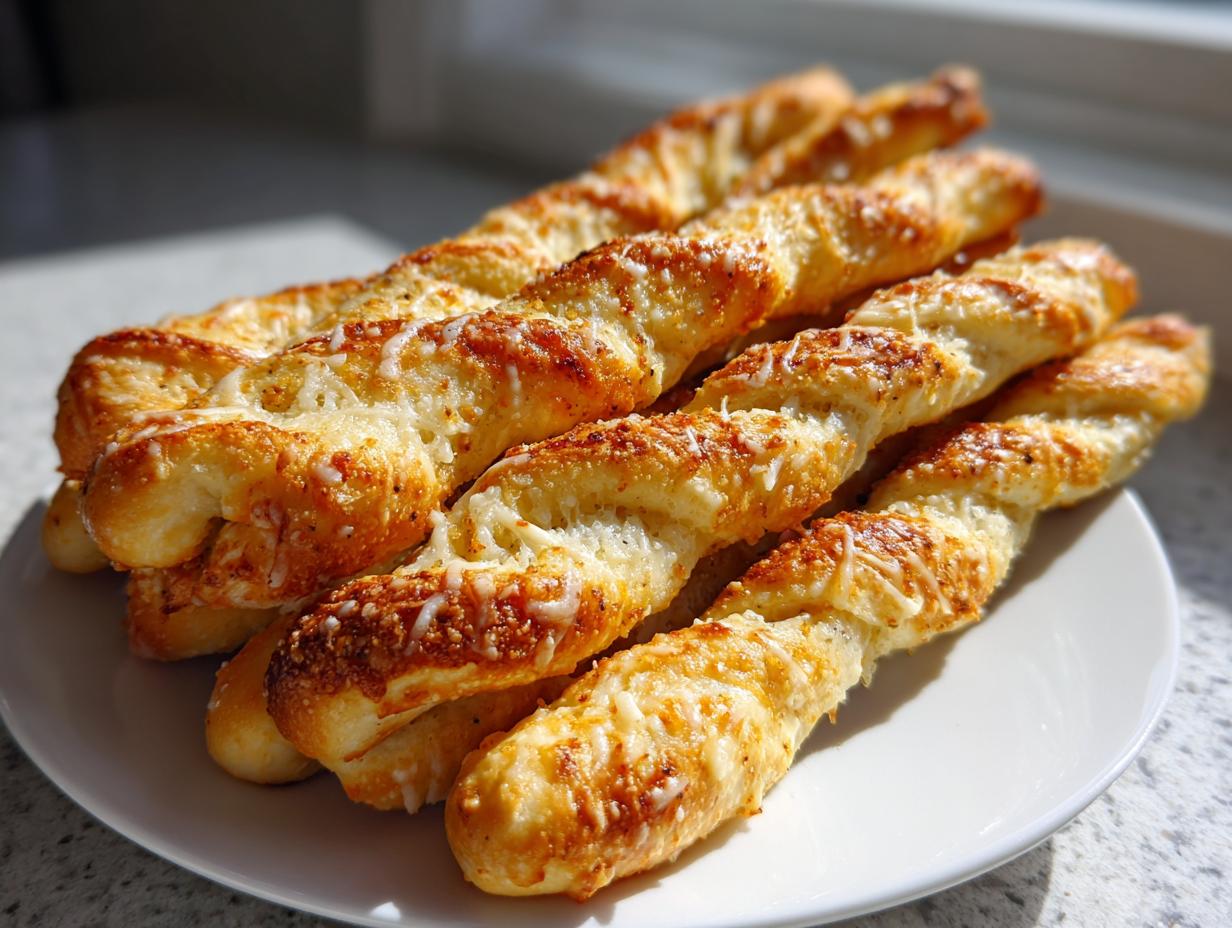 A pile of golden, twisted, cheesy breadsticks served on a white plate, highlighted by sunlight.