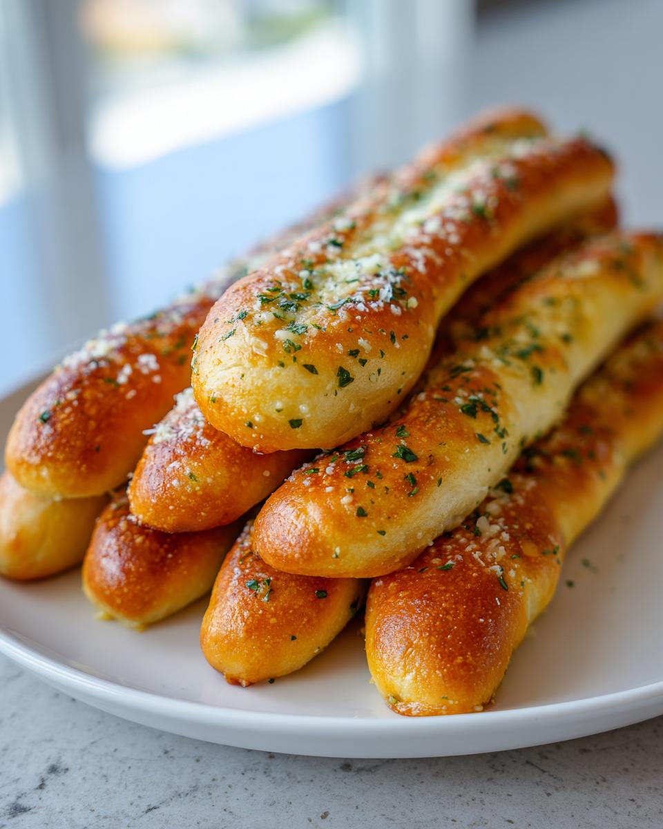 A pile of freshly baked, golden brown breadsticks seasoned with melted butter, grated Parmesan cheese, and chopped parsley.