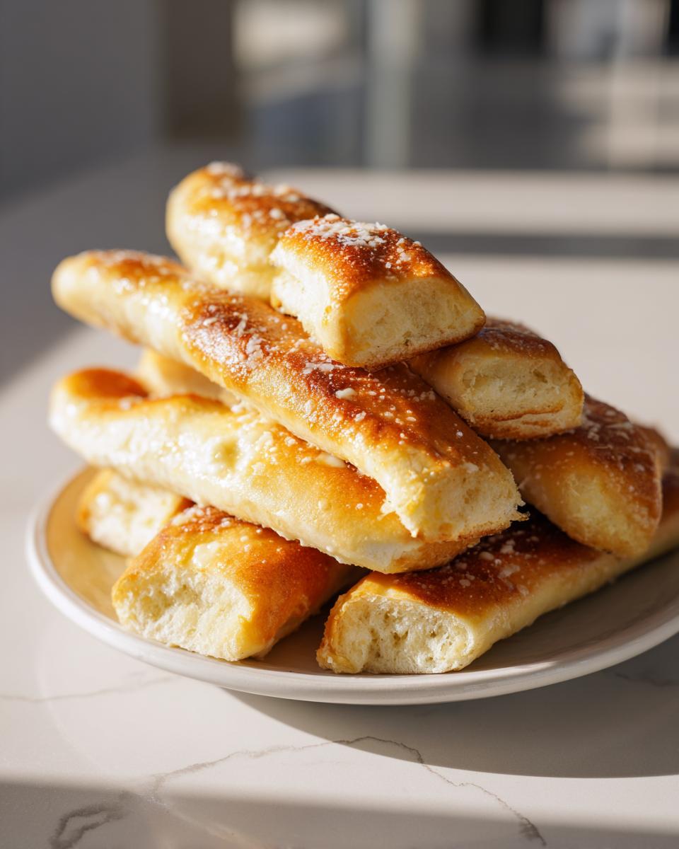 A stack of golden brown, buttery breadsticks sprinkled with Parmesan cheese, ready to eat.