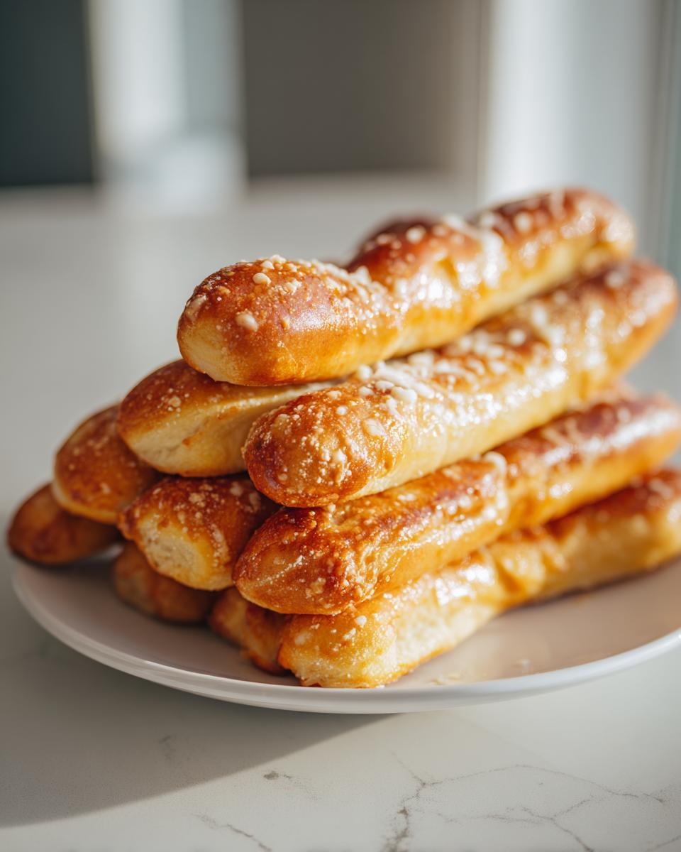 A stack of freshly baked, golden brown breadsticks piled high on a white plate, glistening with garlic butter topping.