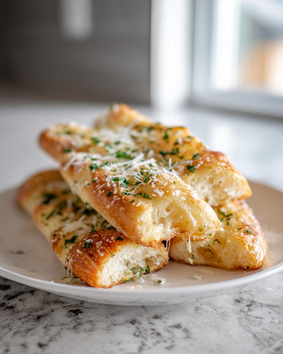 A stack of warm, cheesy breadsticks topped with grated Parmesan and fresh parsley on a white plate.