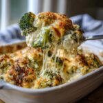 A spoonful of cheesy, baked broccoli casserole being lifted out of the dish, showing long cheese pulls.