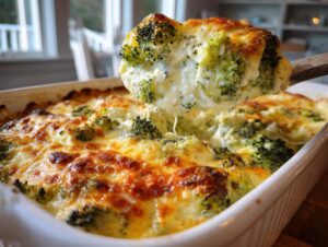 A wooden spoon lifts a cheesy, creamy scoop of baked broccoli casserole from a white baking dish.