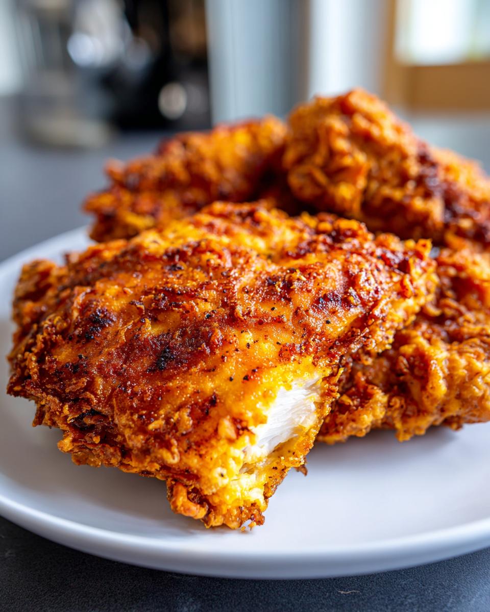 Close-up of a piece of perfectly cooked fried chicken showing the crispy, seasoned crust and juicy white meat inside.