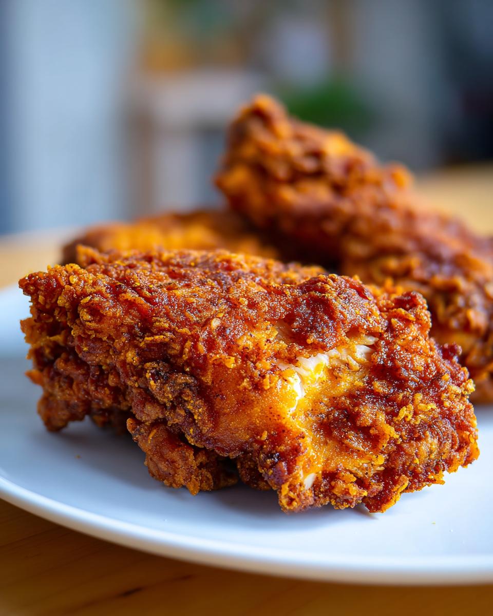 Close-up of a piece of perfectly cooked fried chicken with a thick, crunchy, reddish-brown crust, resting on a white plate.