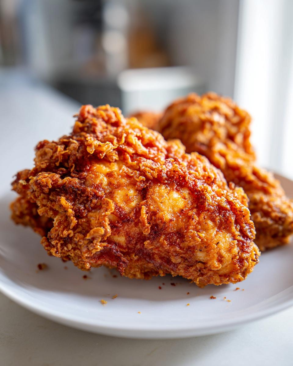 Close-up of perfectly cooked, crispy fried chicken pieces with a deep golden-brown crust on a white plate.