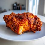 A close-up of a single, perfectly cooked piece of fried chicken with a dark, crispy, reddish-brown crust.