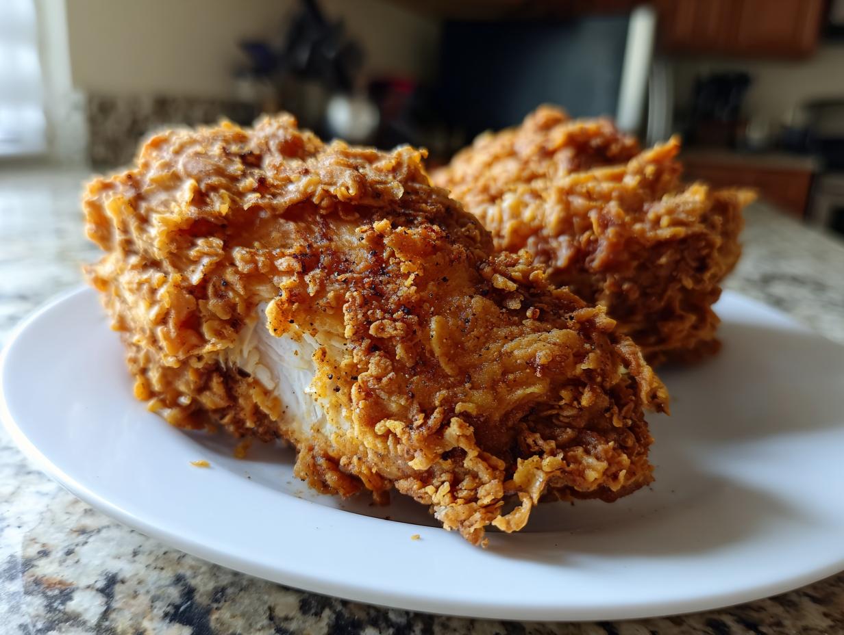Close-up of two pieces of golden brown, extra crispy fried chicken resting on a white plate.