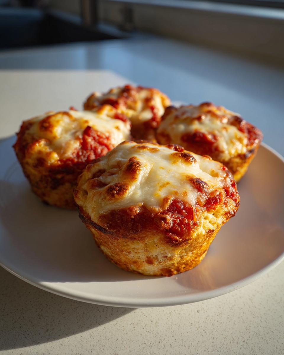 Four golden brown pizza muffins topped with melted, slightly browned mozzarella cheese served on a white plate.