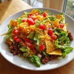A vibrant, close-up view of a delicious taco salad featuring seasoned ground beef, crisp lettuce, diced tomatoes, shredded cheese, and tortilla chips.