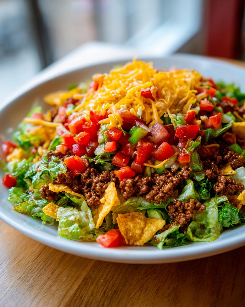 A vibrant close-up of a hearty taco salad featuring seasoned ground beef, crisp lettuce, diced tomatoes, and shredded cheddar cheese.