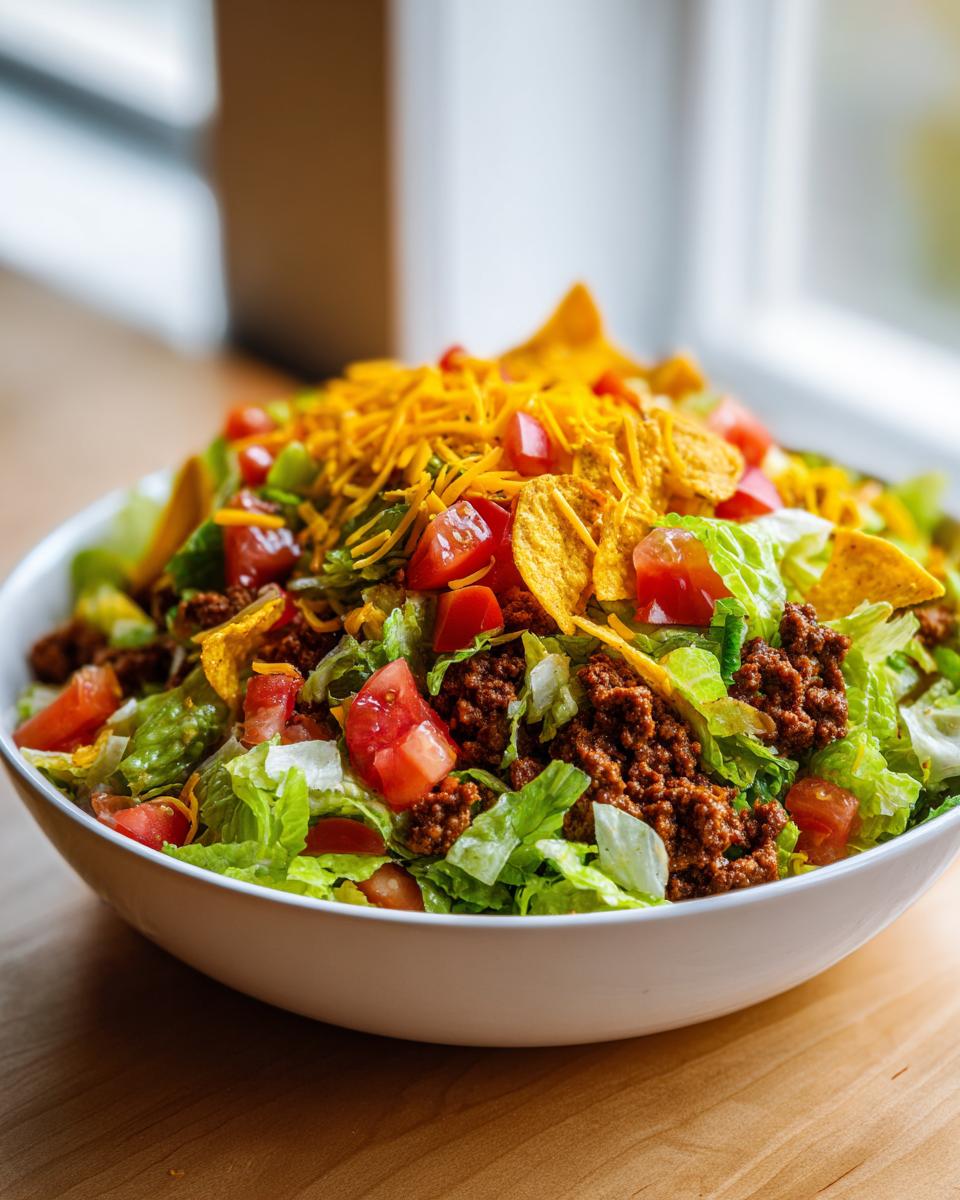 A large white bowl filled with a vibrant taco salad featuring seasoned ground beef, lettuce, tomatoes, shredded cheese, and tortilla chips.