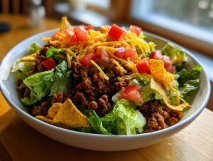 A vibrant bowl of taco salad featuring seasoned ground beef, crisp lettuce, shredded cheese, diced tomatoes, and tortilla chips.
