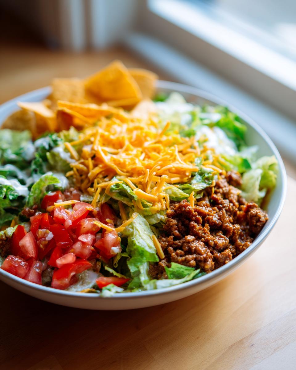 A vibrant bowl of taco salad featuring lettuce, seasoned ground beef, diced tomatoes, shredded cheese, and tortilla chips.