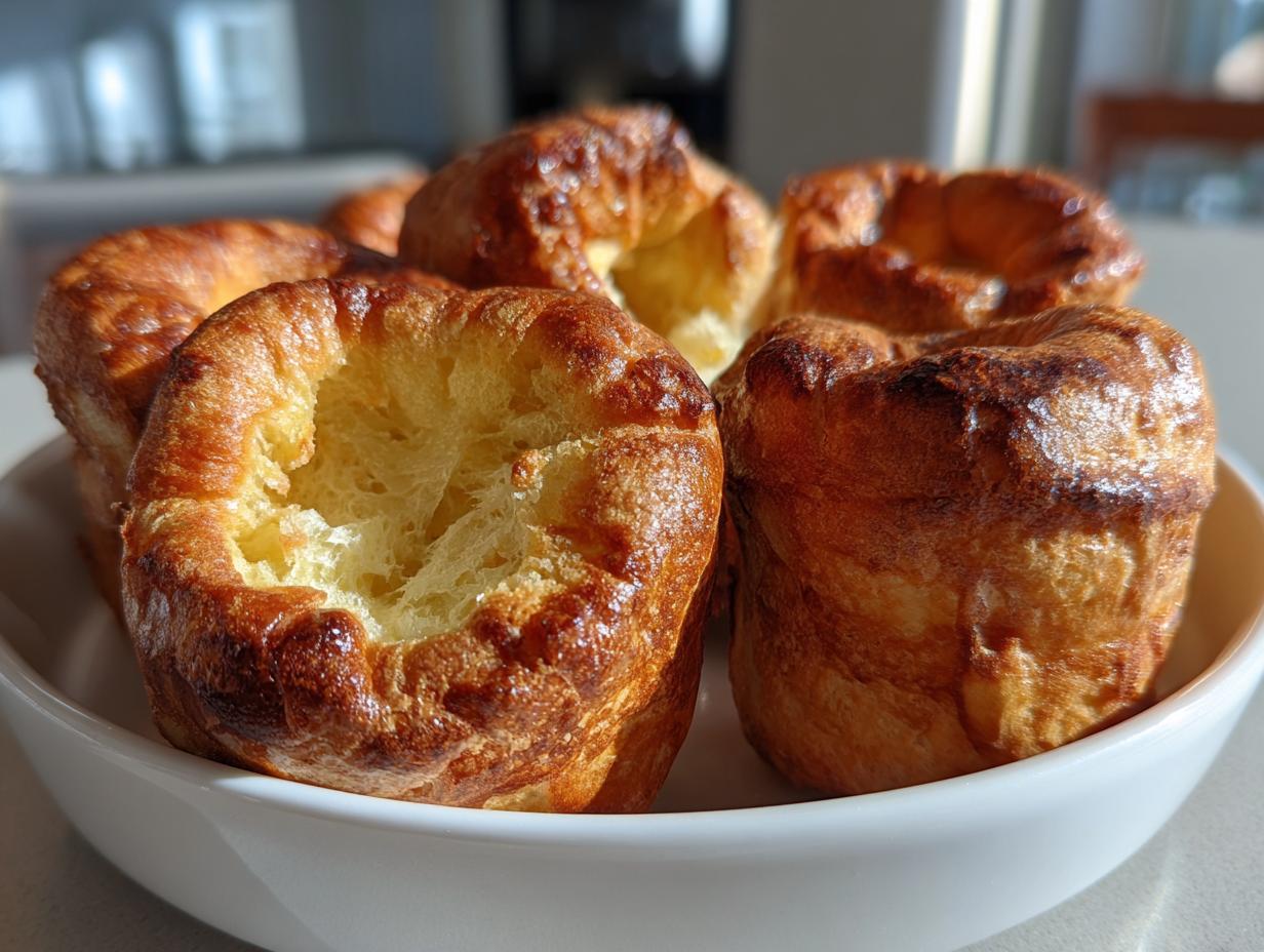 Close-up of several golden brown, tall, and airy Yorkshire pudding puffs served in a white bowl.