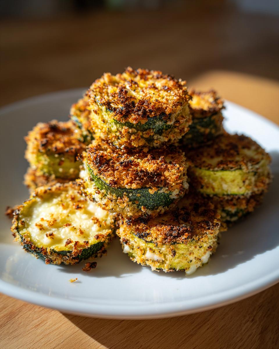 A stack of golden brown, crispy baked parmesan zucchini slices piled high on a white plate, ready to eat.
