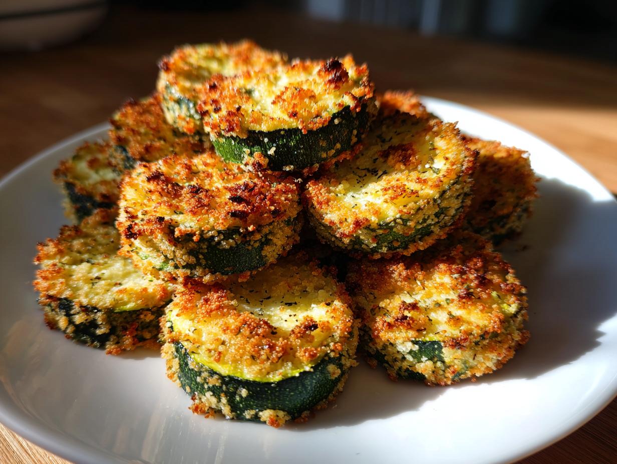 A stack of golden brown, crispy baked parmesan zucchini rounds piled high on a white plate.