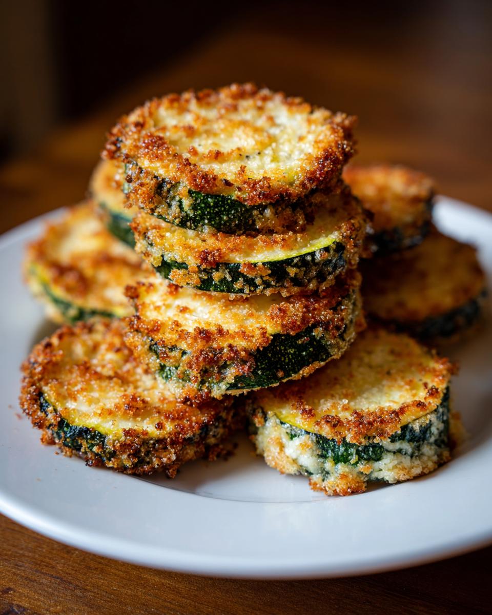 A stack of golden brown, crispy baked parmesan zucchini slices served on a white plate.