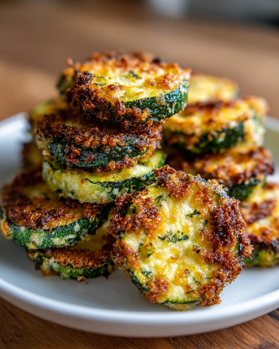 A close-up stack of golden brown, crispy baked parmesan zucchini slices on a white plate.