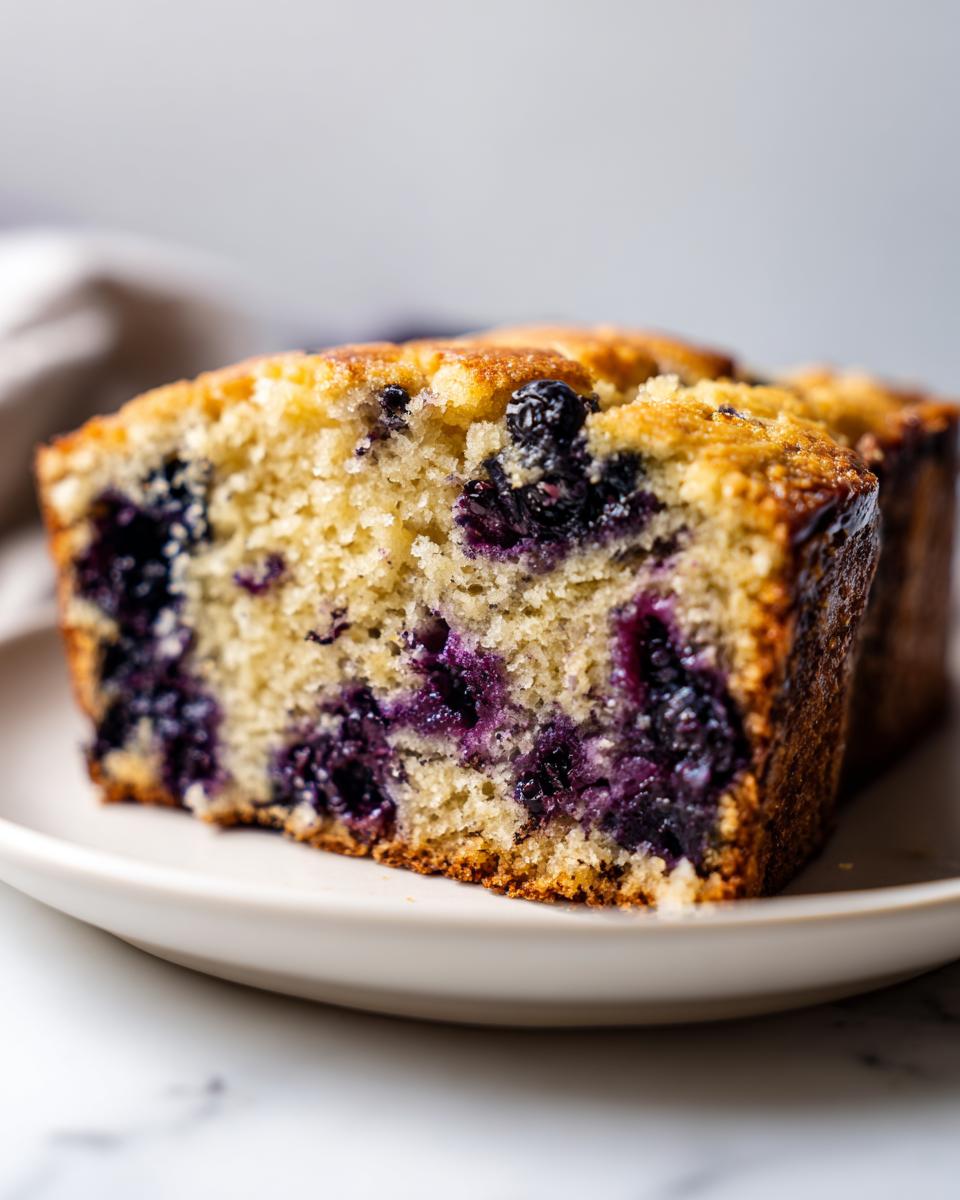 Close-up of a thick slice of blueberry banana bread showing moist crumb and burst blueberries.