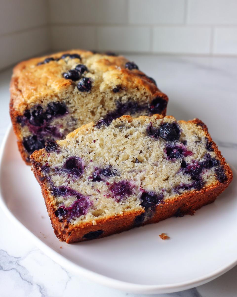 A close-up of a thick slice of moist blueberry banana bread, showing rich purple blueberries embedded in the crumb.