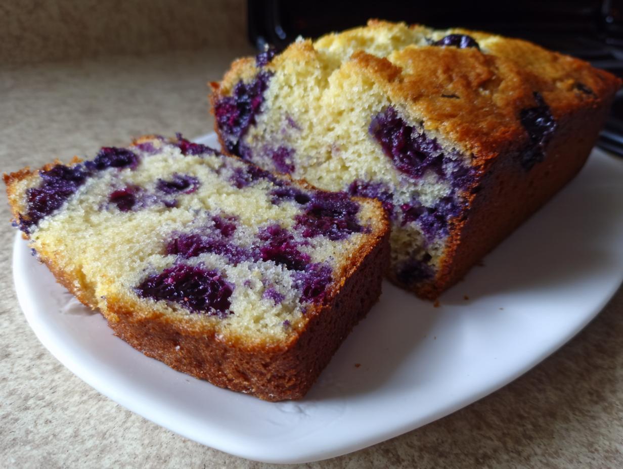 Two slices of moist blueberry banana bread showing bright purple blueberries embedded in the yellow crumb, served on a white plate.