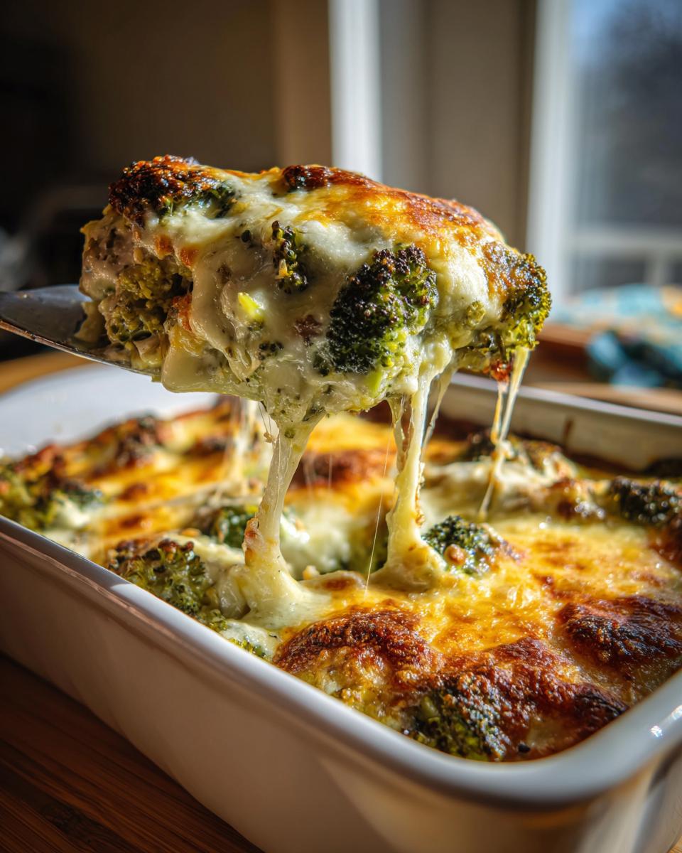 A serving spoon lifts a cheesy portion of baked broccoli casserole, showing long cheese pulls.
