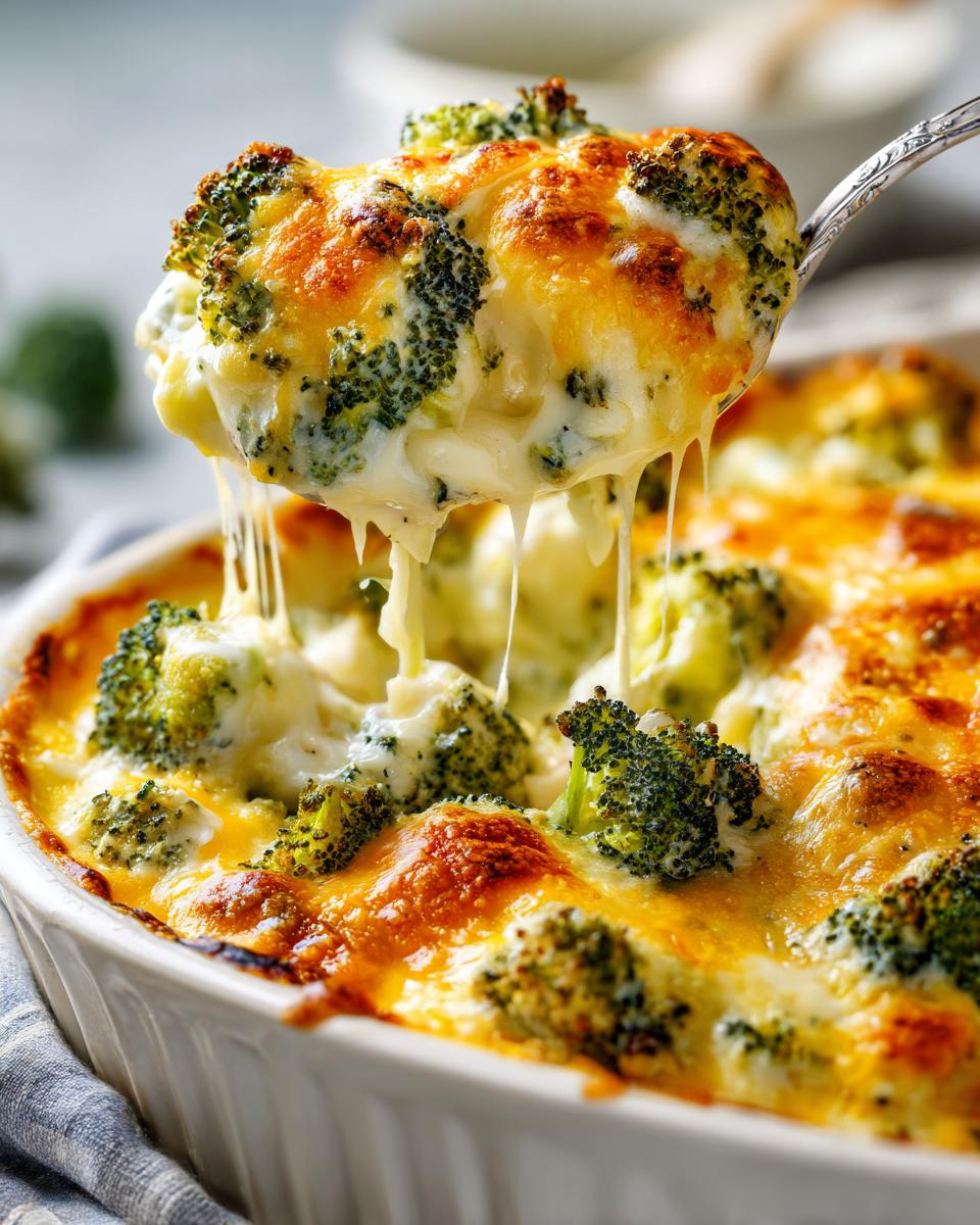 A spoonful of creamy, cheesy broccoli casserole being lifted from a white baking dish, showing melted cheese strings.