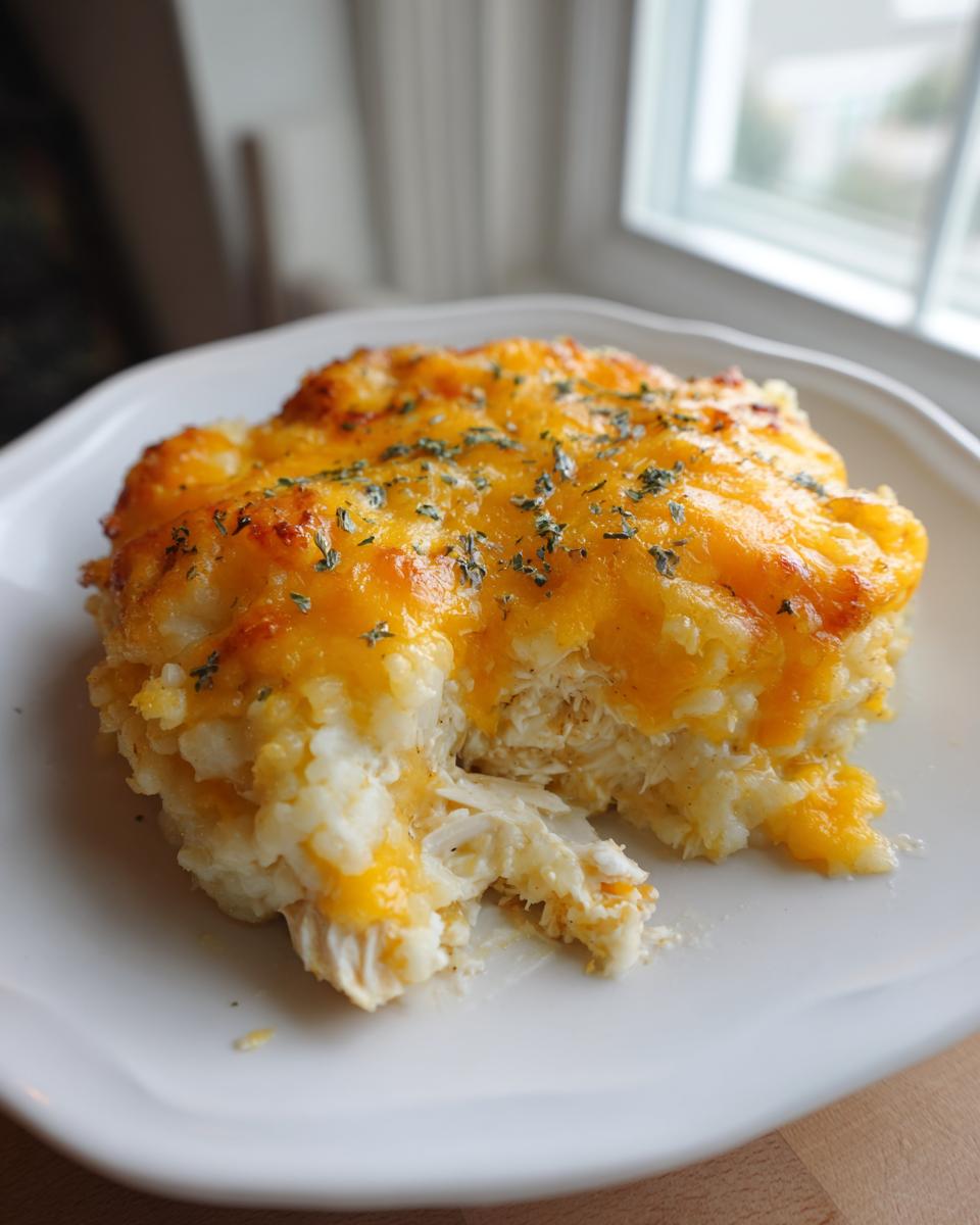 A scoop of cheesy chicken and rice casserole showing shredded chicken texture under melted cheddar cheese.