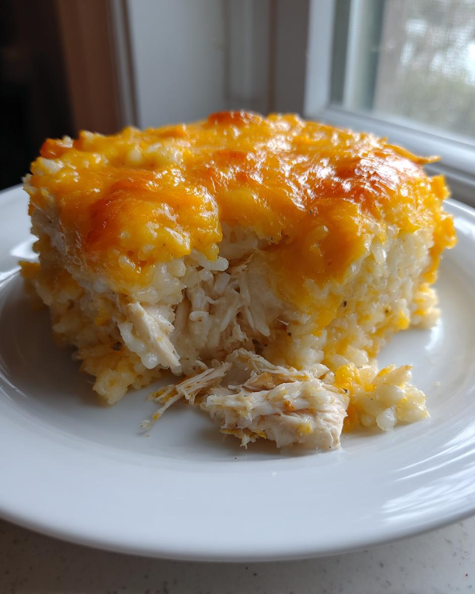 A close-up of a serving of cheesy chicken and rice casserole with shredded chicken visible.