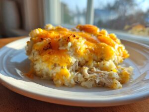 A close-up serving of cheesy chicken and rice casserole topped with melted cheddar cheese on a white plate.