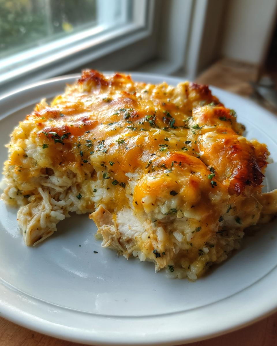 A scoop of cheesy chicken and rice casserole with a golden, melted cheese topping on a white plate.