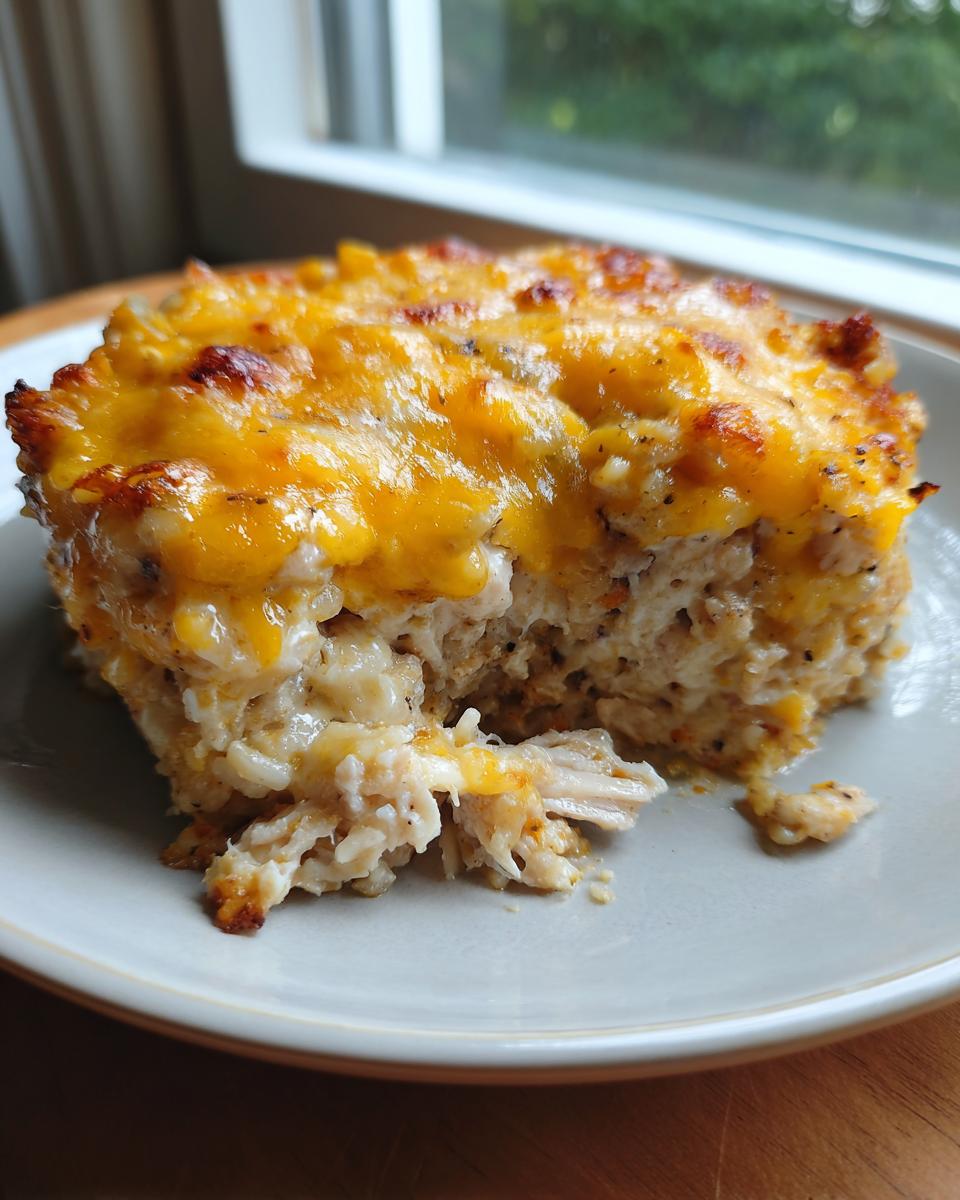 A close-up of a square serving of cheesy chicken and rice casserole with a golden, melted cheese topping.