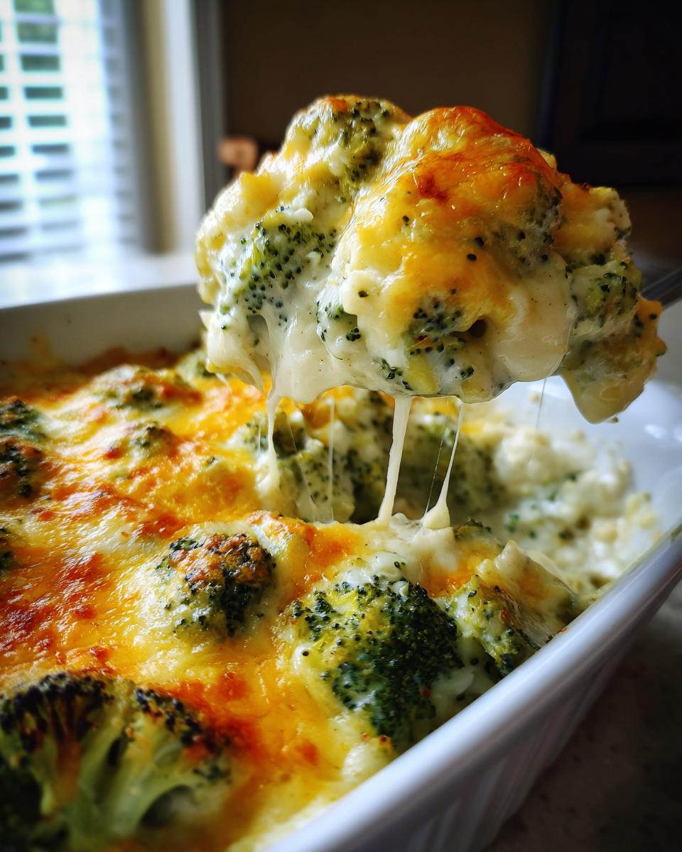 A spoonful of creamy, cheesy broccoli casserole being lifted from a white baking dish.