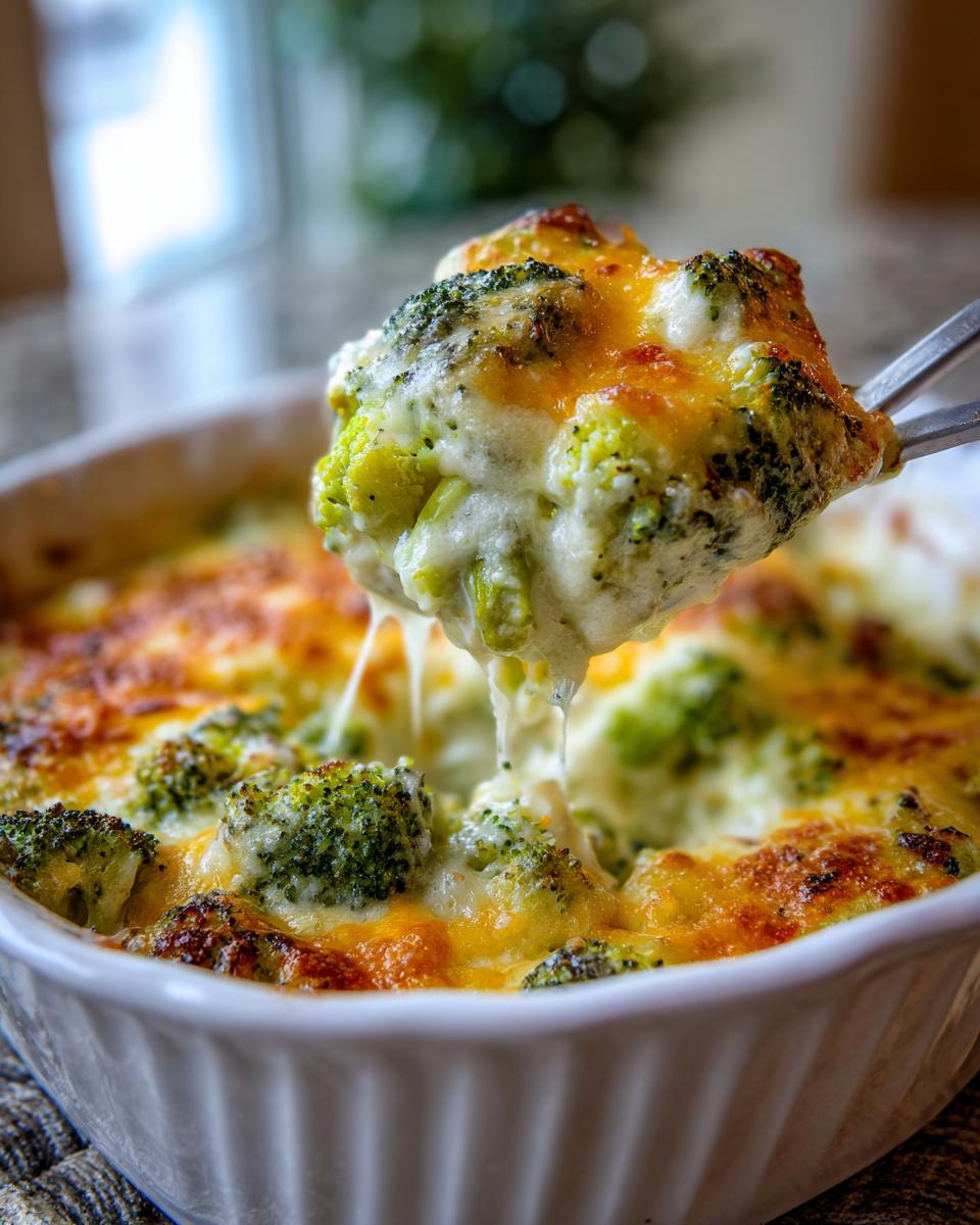 A serving spoon lifts a cheesy, creamy portion of baked broccoli casserole out of a white dish.