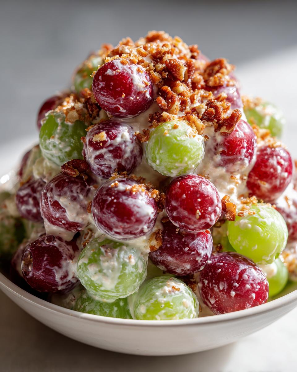 A close-up of creamy chicken salad chick grape salad featuring red and green grapes coated in dressing and topped with crushed pecans.