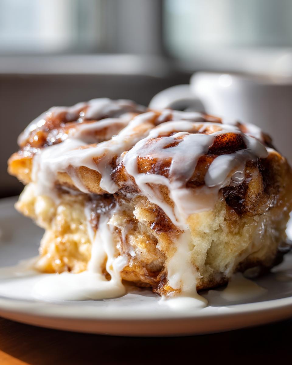 A gooey, delicious serving of cinnamon roll casserole topped with thick white icing dripping down the sides.