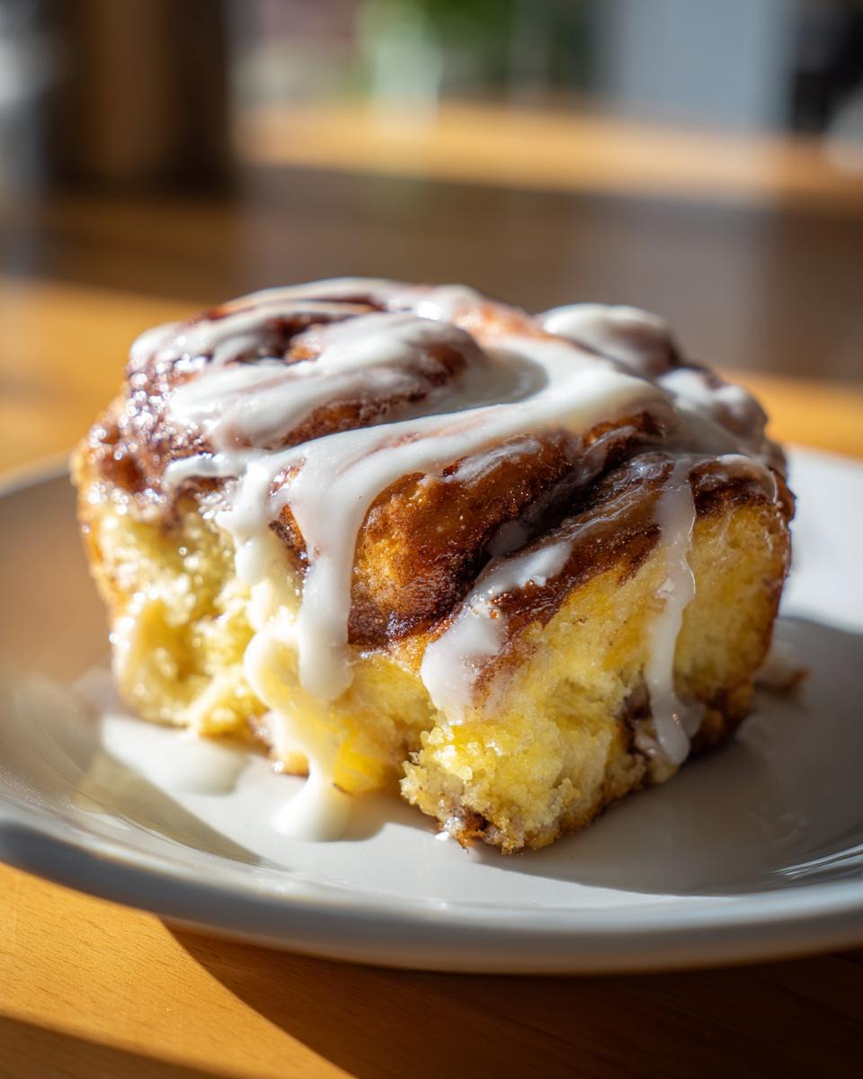A close-up, sunlit shot of a single serving of fluffy Cinnamon Roll Casserole topped with thick white icing.