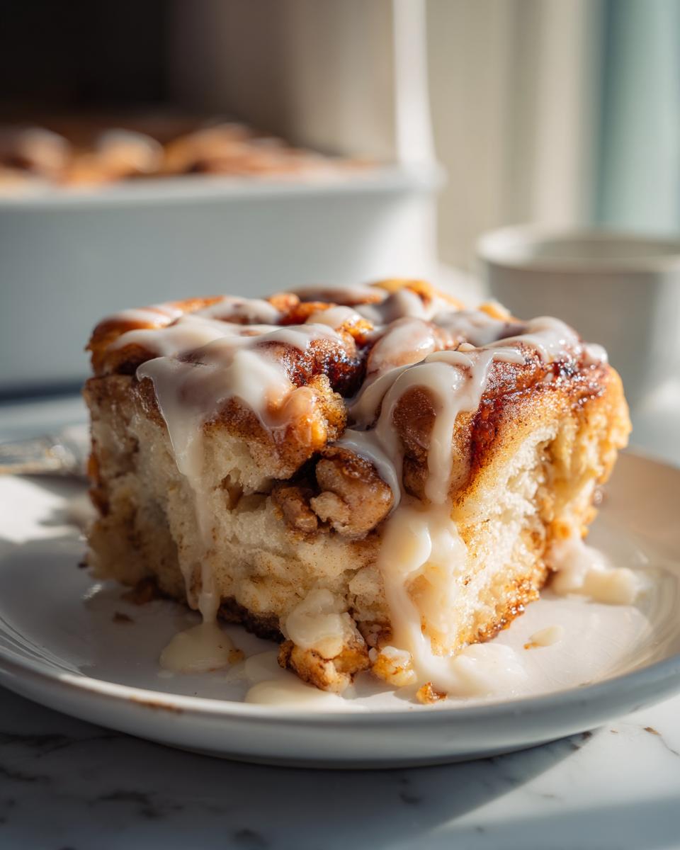 A gooey, single serving of cinnamon roll casserole topped with thick white icing dripping down the sides.