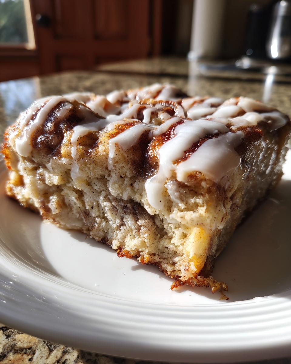 Close-up of a fluffy slice of cinnamon roll casserole topped with white icing, sitting on a white plate.
