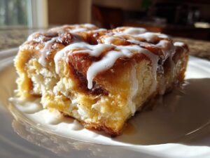 Close-up of a moist slice of Cinnamon Roll Casserole drizzled generously with white icing.